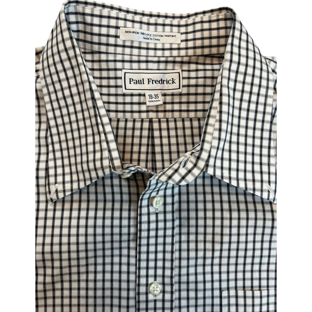 Paul Fredrick Men Non Iron Cotton Pinpoint Check Dress Shirt 19X35 2 Ply Cotton